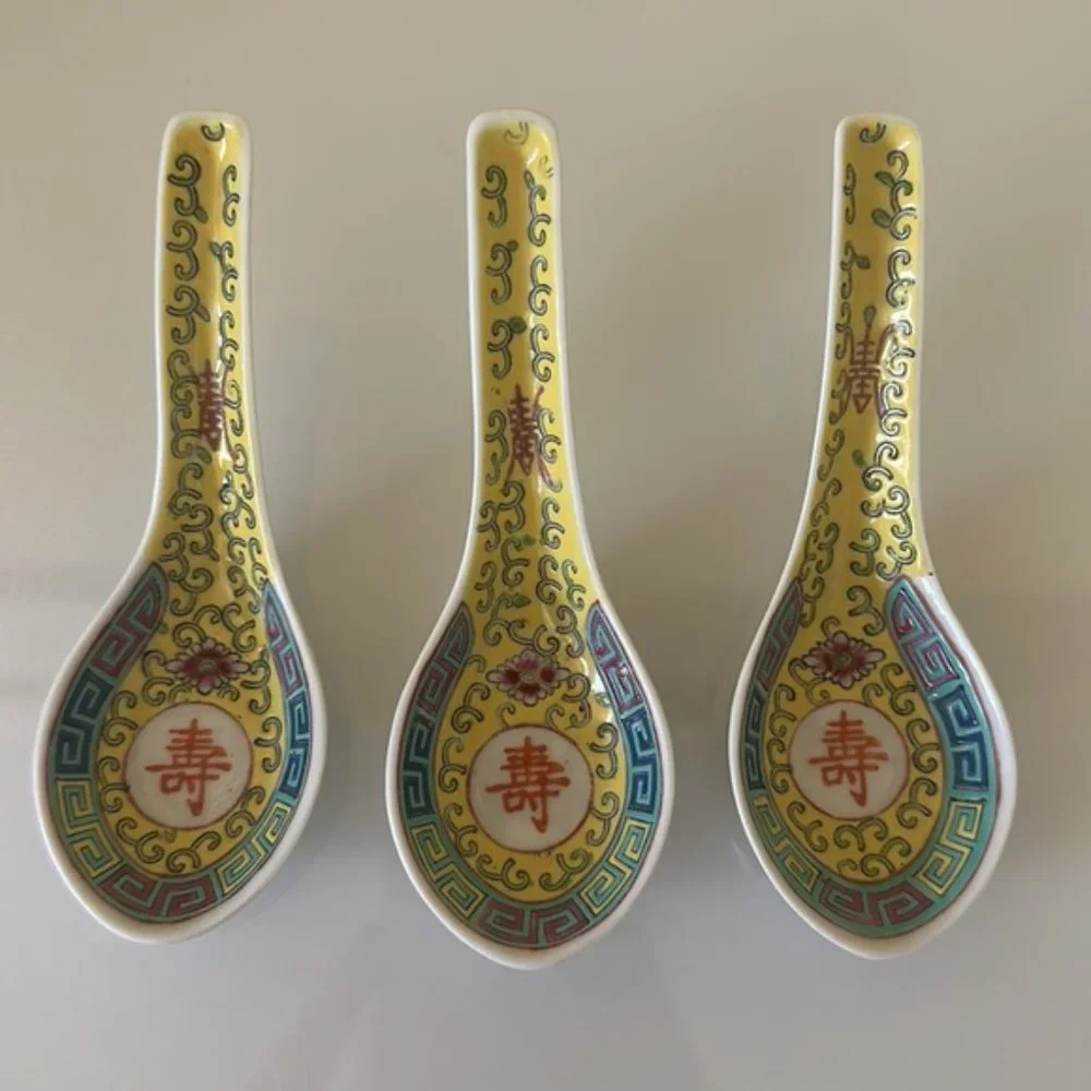 China Jingdezhen Wanshou Porcelain Soup Spoons Yellow Hand Painted Set of 7